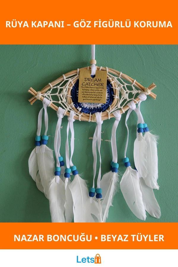 Rüya Kapanı Göz Tasarımı Beyaz Tüyler ve Nazar Boncuğu ile Süslü Dekoratif Ürün - Image 1
