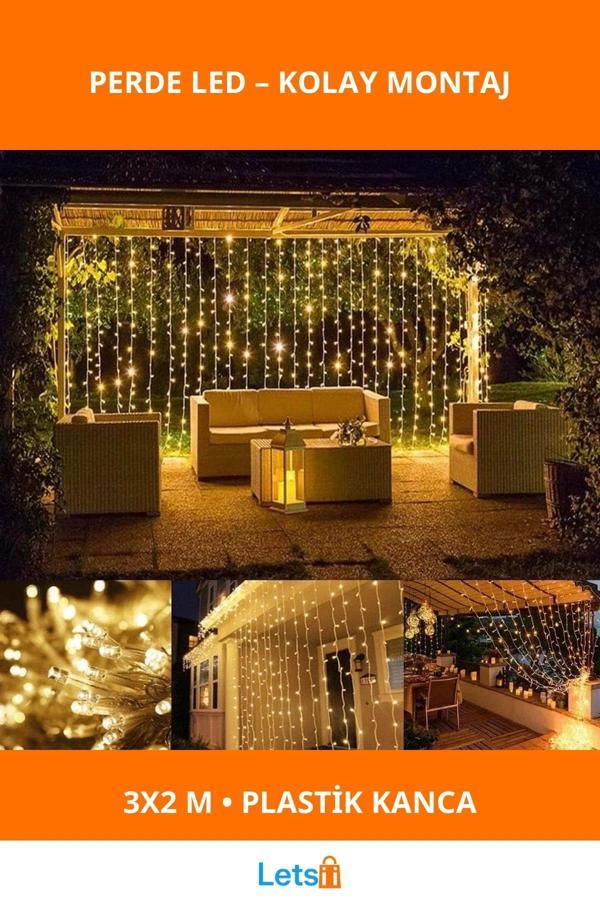 3x2 Metre Plastik Kancalı Sarı Işık Perde Dekoratif Aydınlatma - Image 1