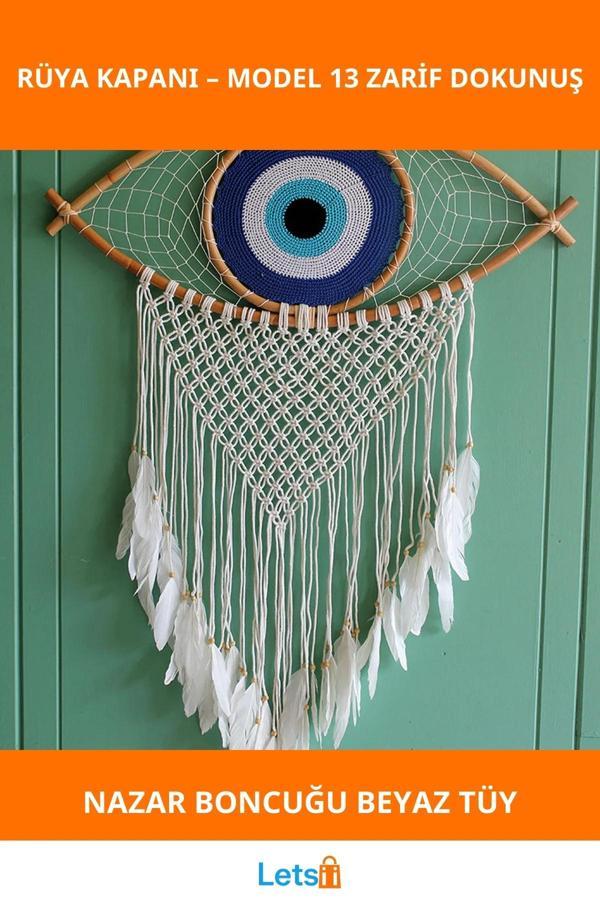 Nazar Boncuğu İpli Beyaz Tüylerle Zarif Rüya Kapanı Dream Catcher - Image 1