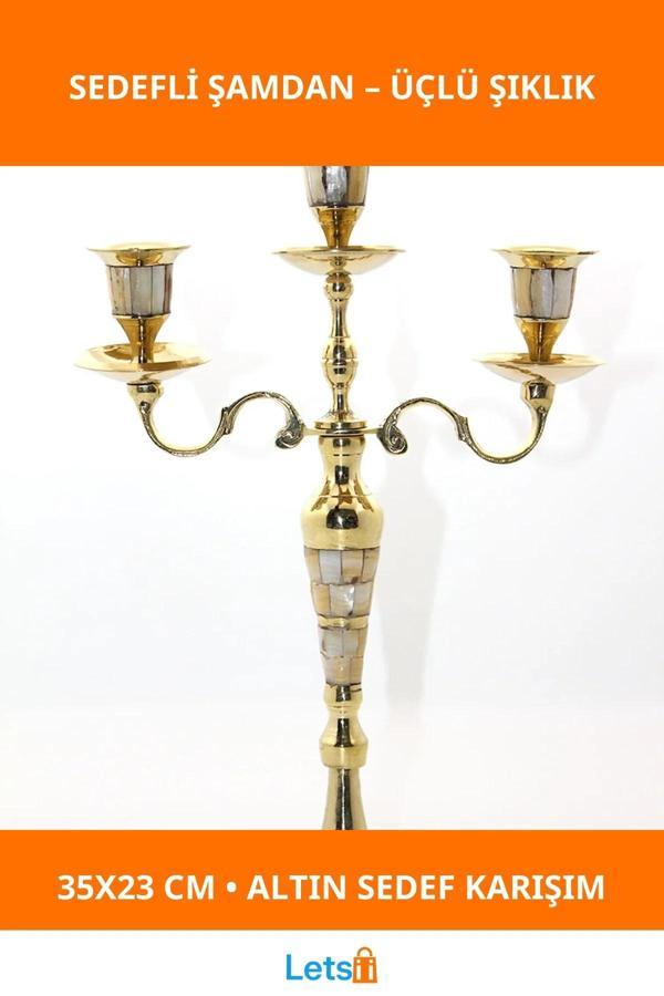 Pirinç Sedefli 3'lü Şamdan Altın Detaylı Dekoratif - Image 1