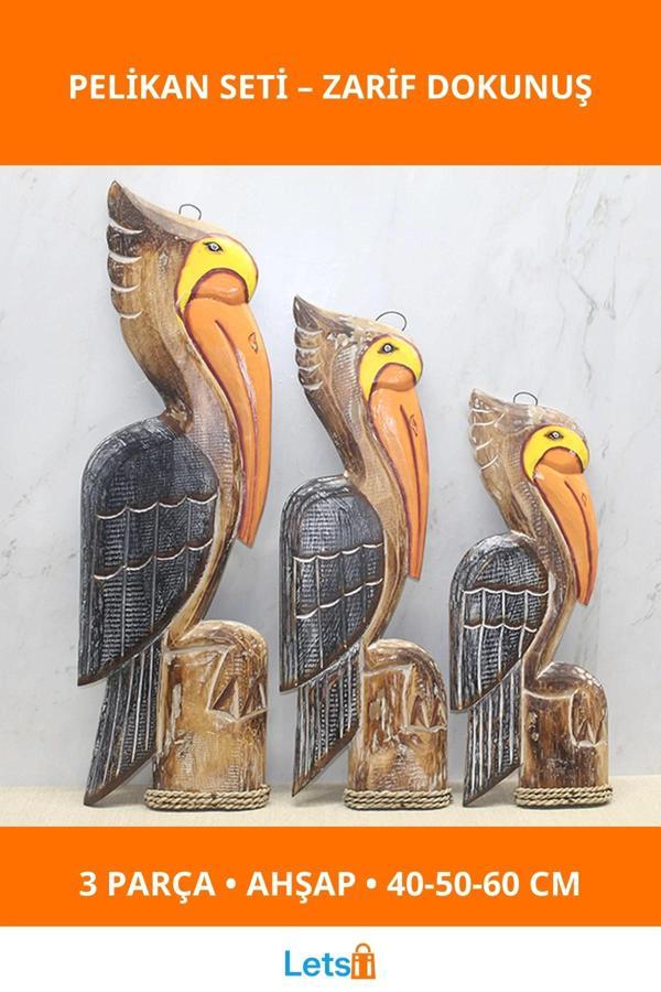 Ahşap 3'lü Pelikan Dekoratif Figür Seti 40 50 60 cm - Image 1