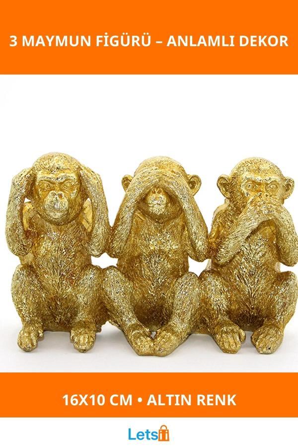 Altın Renkli Polyester 3 Maymun Figürü Görmedim Duymadım Bilmiyorum - Image 1