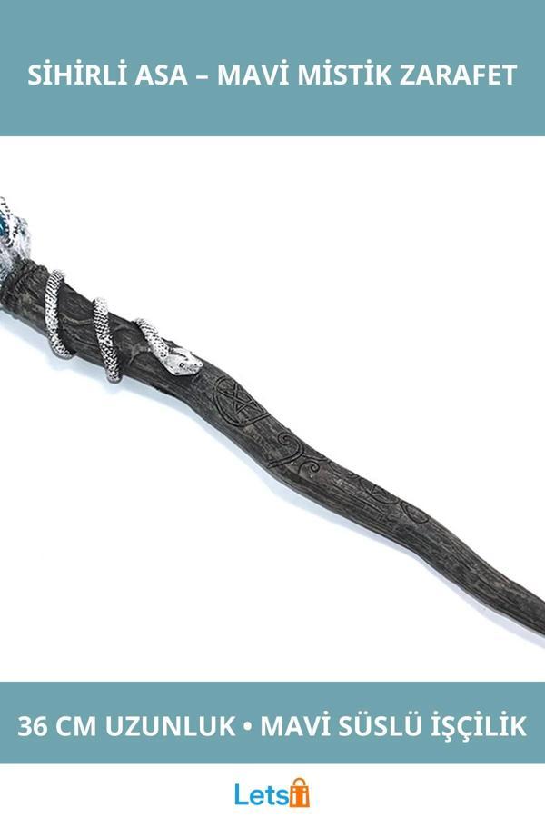 Polyester Sihirli Asa Mavi Detaylı 36 cm Fantastik Büyü Asası - Image 1