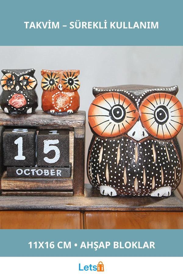 Doğal Ahşap Baykuş Figürlü Masa Takvimi 11x16 cm - Image 1