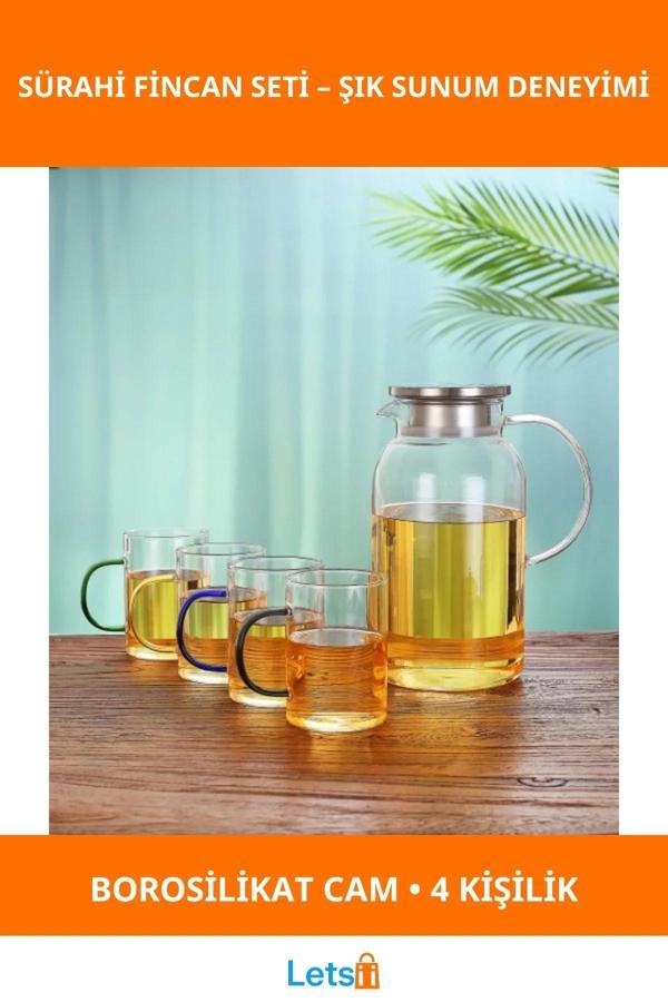 Borosilikat Cam Sürahi 4'lü Renkli Fincan Seti - Image 1
