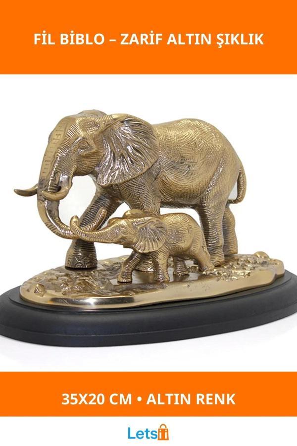 Altın Renk Pirinç Anne Yavru Fil Biblosu 35x20 cm - Image 1