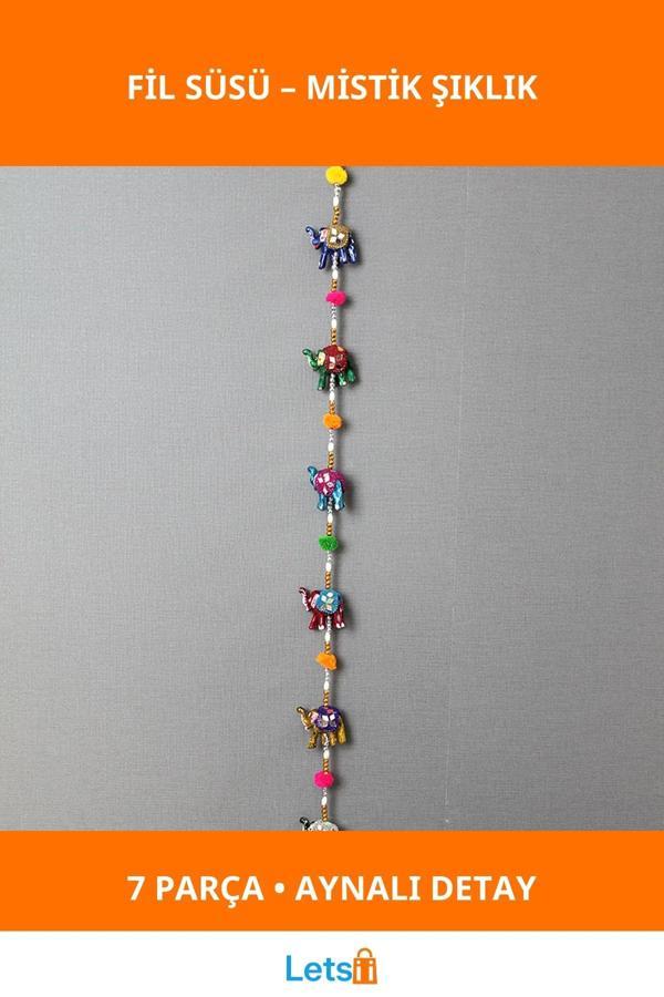 El Yapımı 7'li Asmalı Aynalı Fil Süsü Renkli Dekorasyon - Image 1