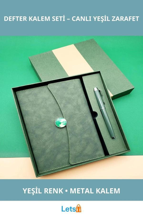 Yeşil Renk Şık Çizgili Defter Metal Kalem Hediye Seti - Image 1