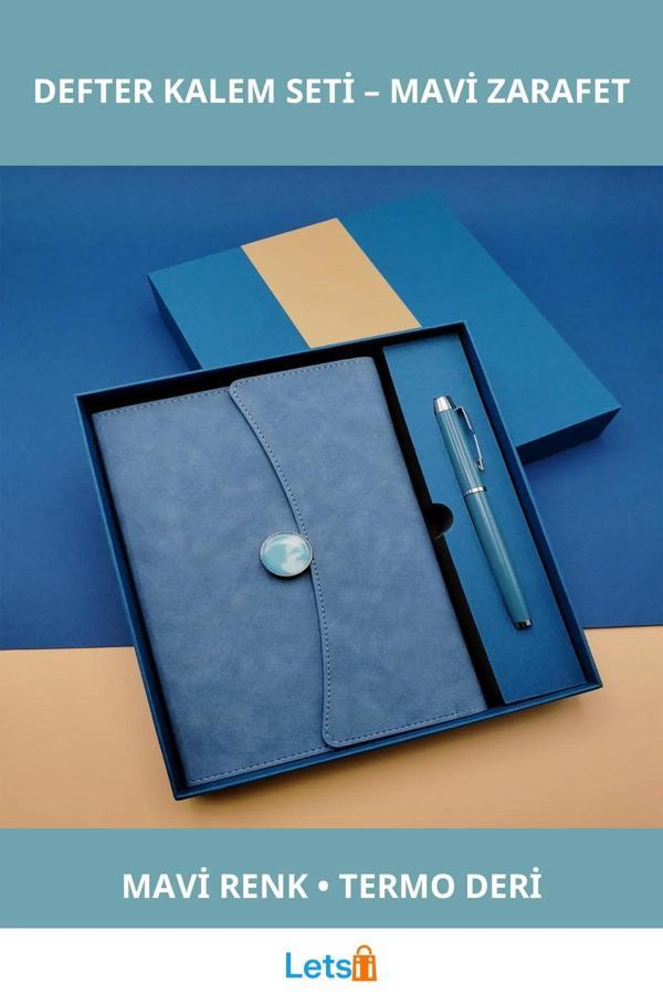 Şık Mavi Renkli Termo Deri Not Defteri ve Roller Kalem Seti - Image 1