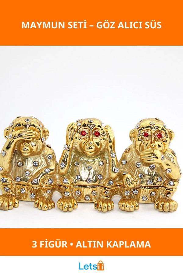Swarovski Taşlı Altın Kaplama Dekoratif Maymun Figürü 3'lü Set - Image 1