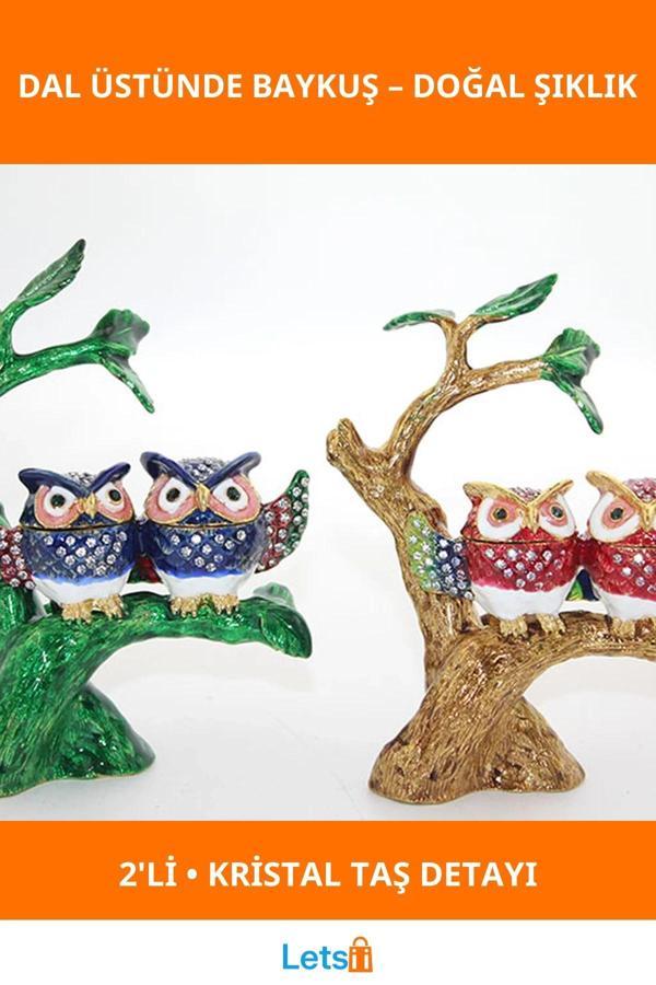Swarovski Taşlı Natüralist Dal Üstünde 2'li Baykuş Figürü - Image 1