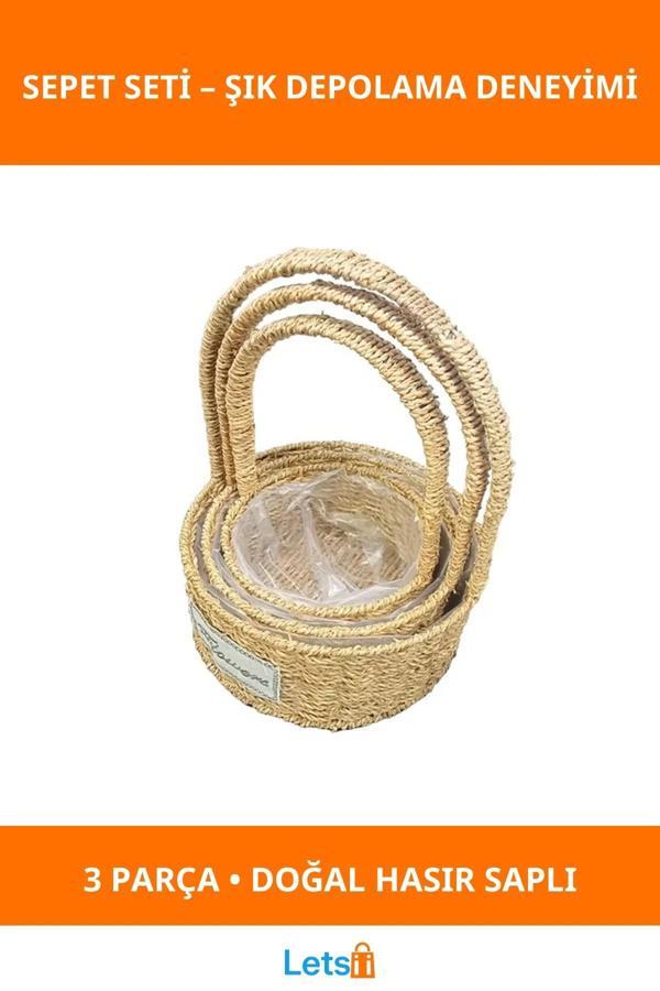 Yuvarlak Doğal Hasır Saplı Sepetler 3'lü Set - Image 1