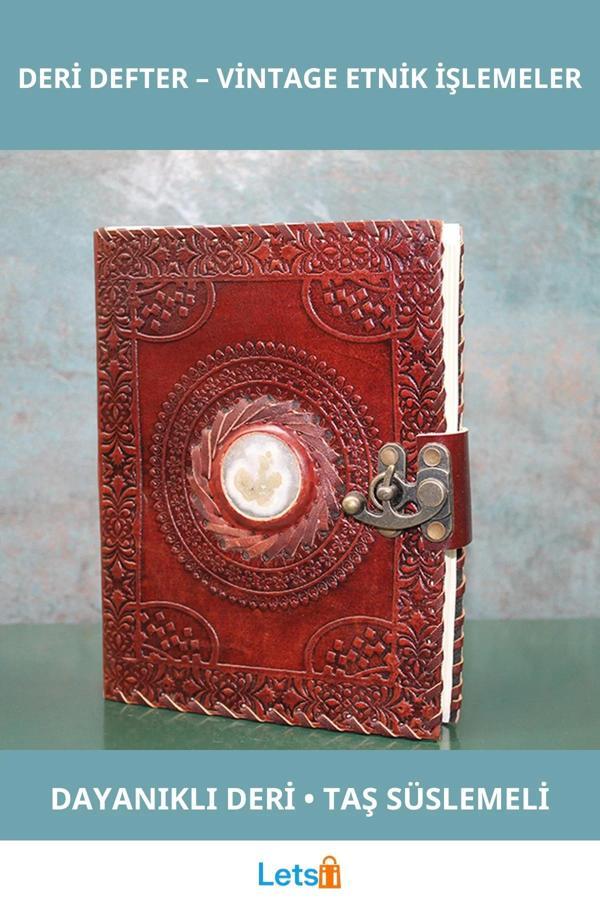 Taşlı Deri Defter Vintage Etnik İşlemeli 18x13 cm - Image 1