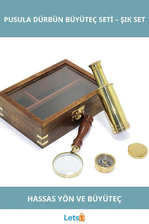 Ahşap Kutulu Pirinç Pusula Dürbün ve Büyüteç - Image 1