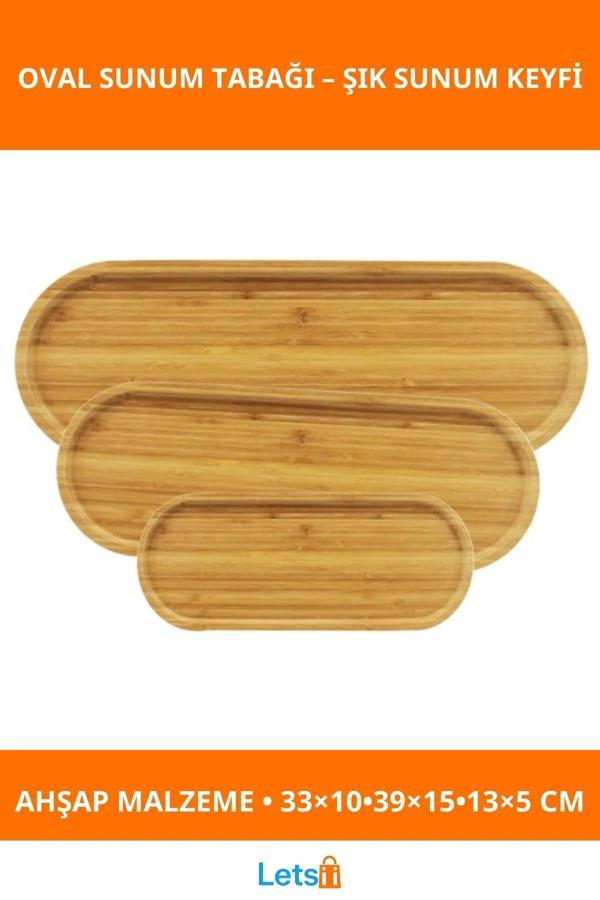 Ahşap Oval Şık 3'lü Sunum Tabağı Seti - Image 1