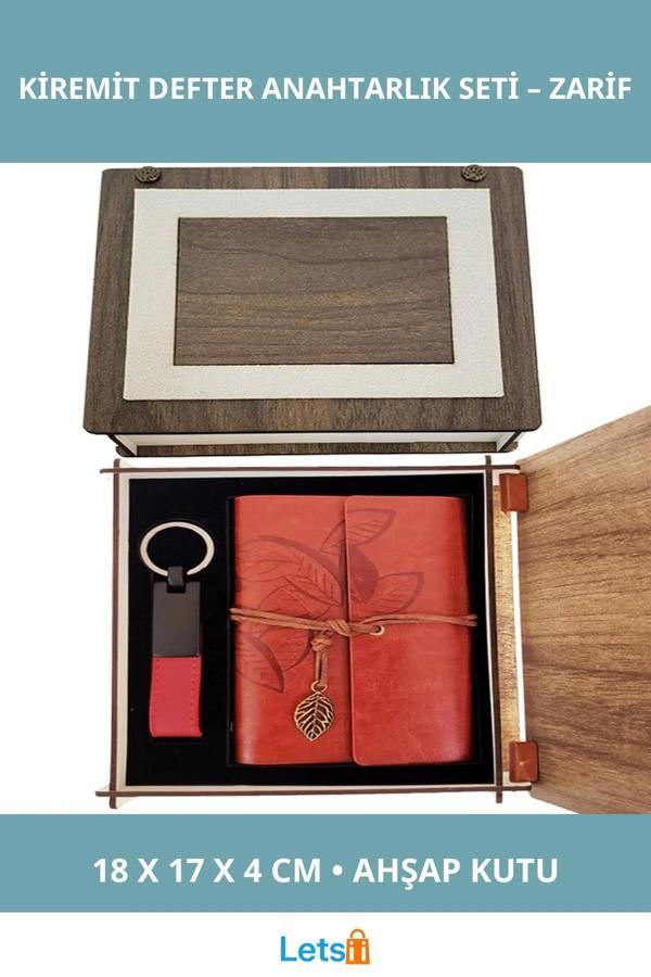 Özel Ahşap Kutulu Kiremit Rengi Deri Not Defteri ve Anahtarlık - Image 1