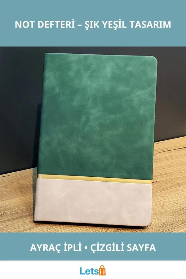 Altın Şeritli Şık Yeşil Deri Not Defteri 21 cm x 15 cm - Image 1