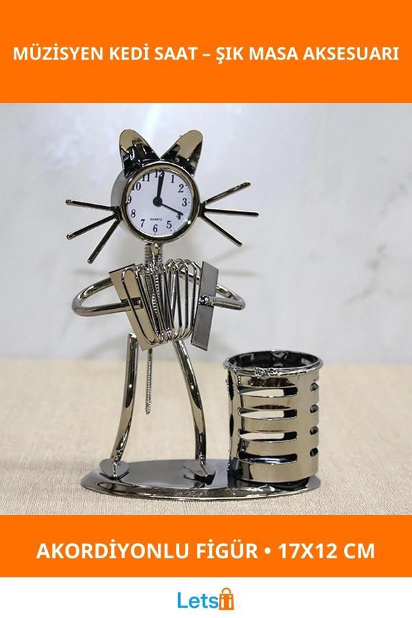 Metal Akordiyon Çalan Müzisyen Kedi Saat ve Kalemlik 17x12 cm - Image 1
