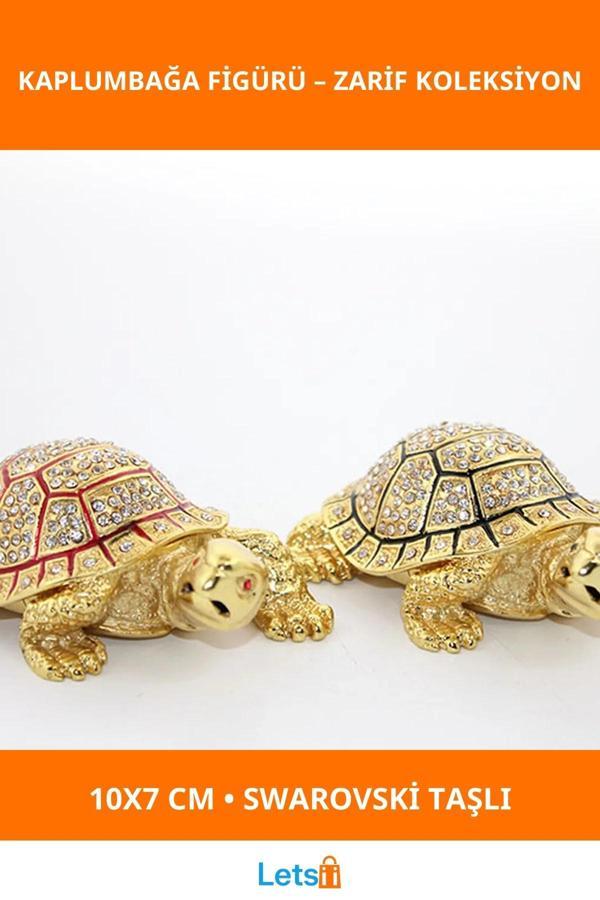 Swarovski Taşlı Kaplumbağa Figürü 10x7 cm Altın Renkli Dekoratif Obje - Image 1