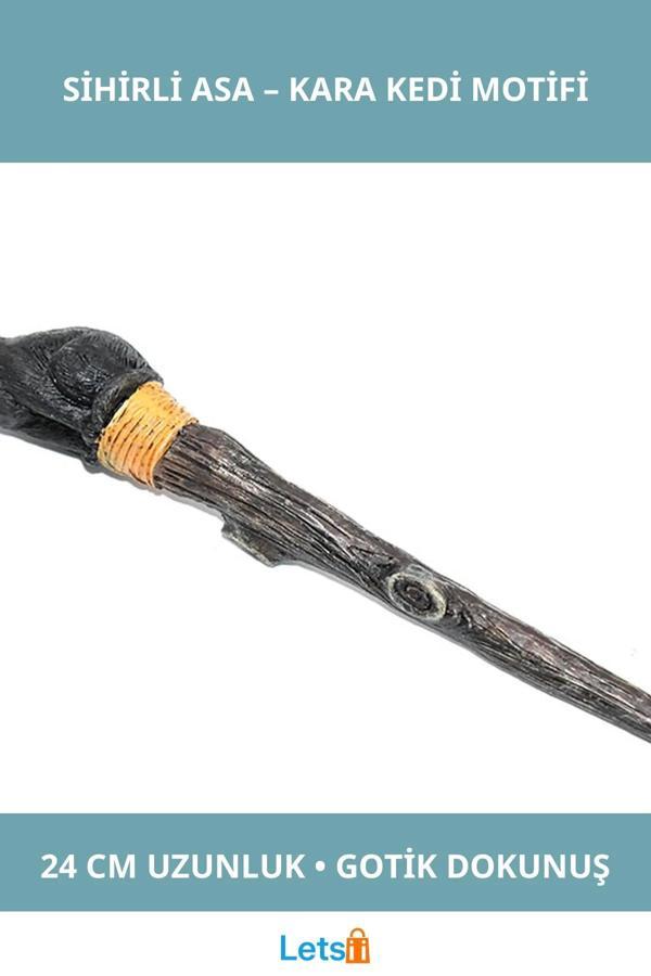 Polyester Sihirli Asa Kara Kedi Temalı 24 cm Cadı Aksesuarı - Image 1
