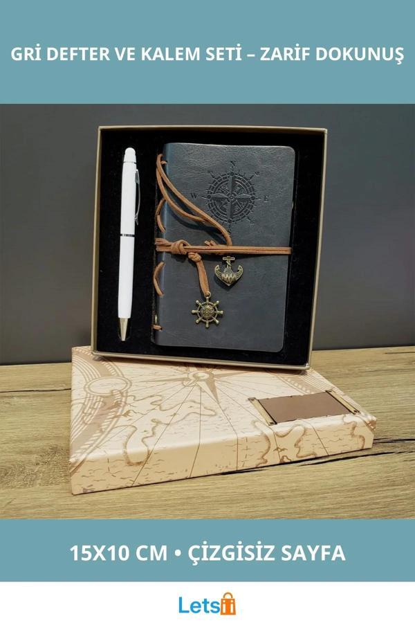 Gri Deri Defter Beyaz Kalem Seti Mobil Uyumlu - Image 1