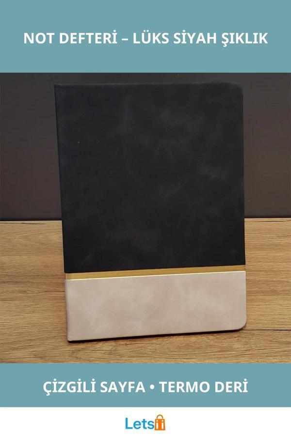 Altın Şeritli Şık Siyah Deri Not Defteri 21x15 cm 192 Sayfa - Image 1