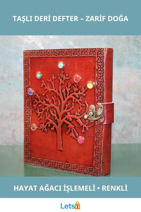 Zarif Taşlı Deri Defter 18x13 cm Hayat Ağacı Figürlü - Image 1