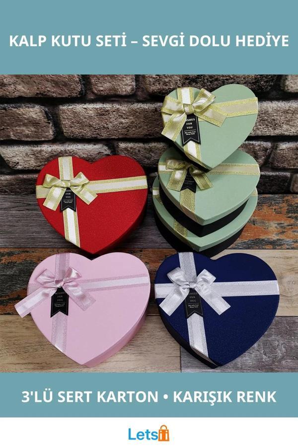 Renkli 3'lü Hediyelik Kalp Kutu Seti Karton - Image 1