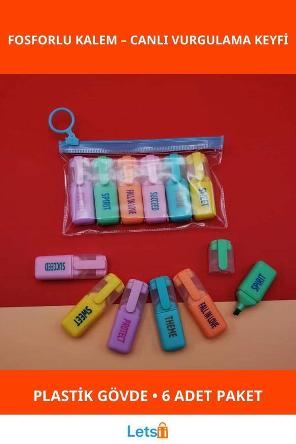 6'lı Fosforlu Kalem Fransız Mavi Pembe Yeşil Sarı Renkli Vurgulama Kalemi - Image 1