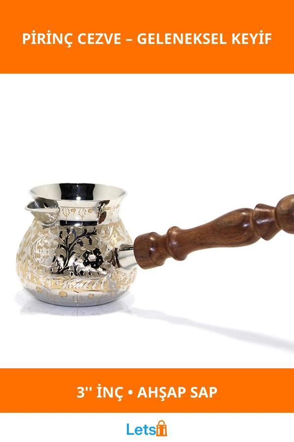 Gümüş Renk Pirinç Cezve Ahşap Saplı 3 İnç Kahve Pişirme - Image 1