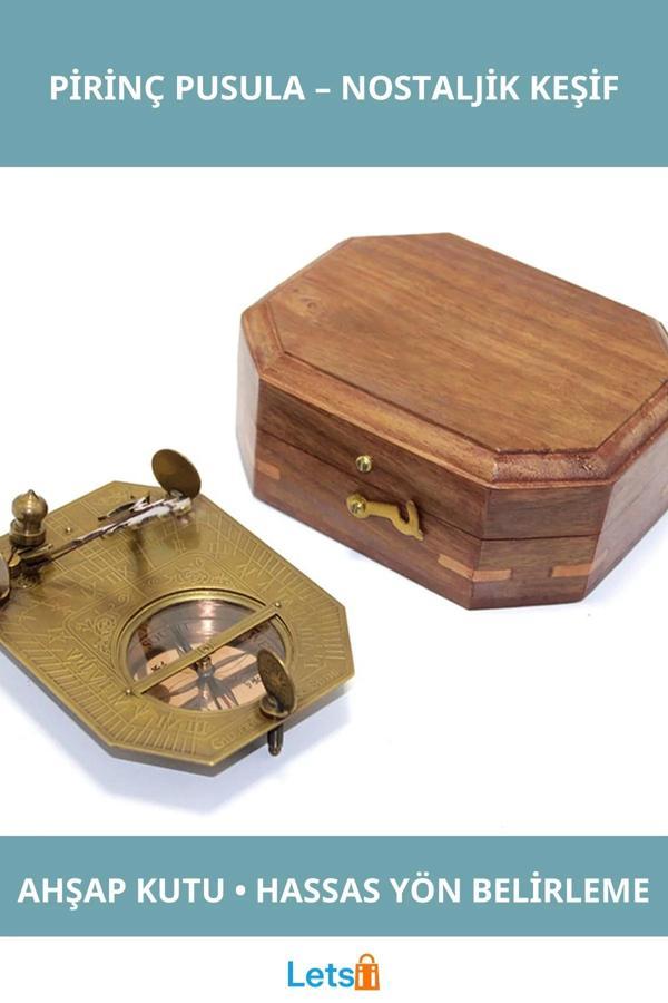 Ahşap Kutulu Nostaljik Pirinç Pusula - Image 1