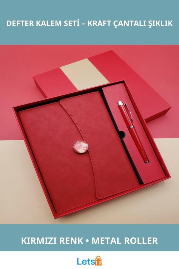 Şık Kırmızı Deri Defter Metal Roller Kalem Hediye Seti - Image 1