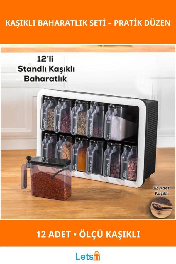 Modern Şeffaf 12'li Standlı Kaşıklı Baharatlık Seti - Image 1