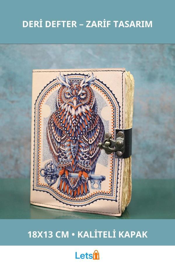 Baykuşlu Şık Deri Defter 18x13 cm Yazı ve Not Alma - Image 1