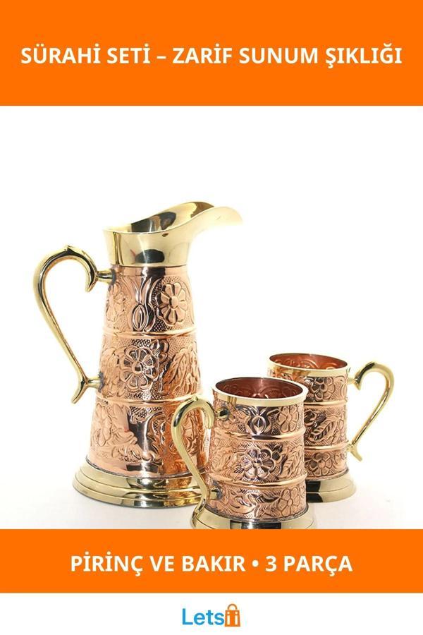 Şık Pirinç ve Bakır Tasarımlı 2 Bardaklı Sürahi - Image 1