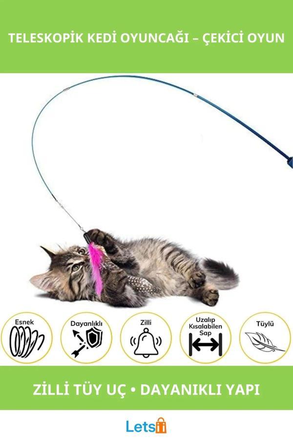 Teleskopik Zilli Dayanıklı Tüylü Kedi Oyuncağı - Image 1