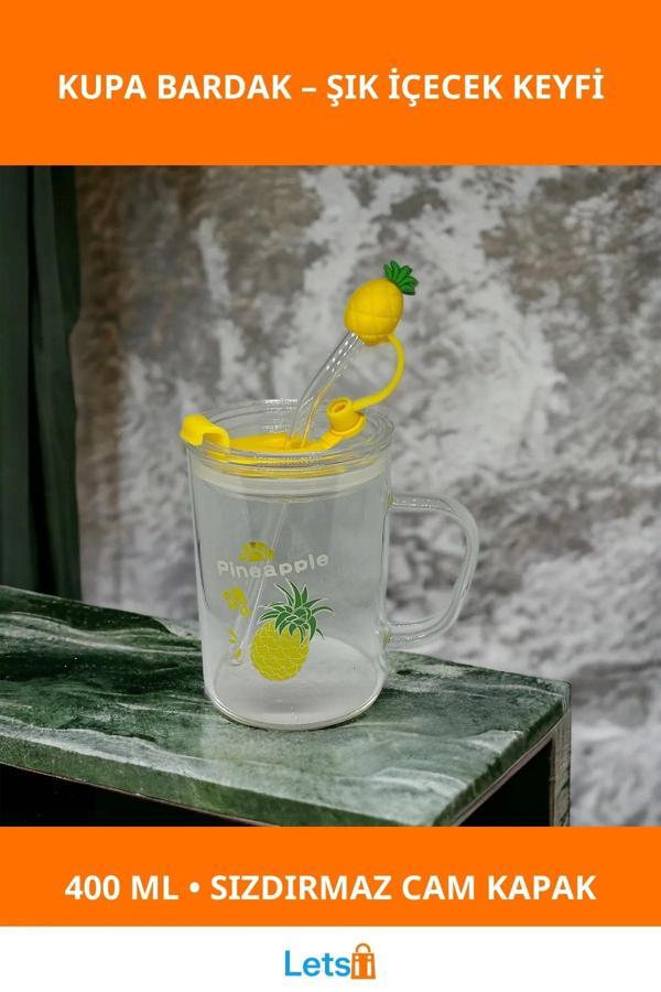 Ananas Tasarımlı 400 ml Sızdırmaz Cam Kupa Bardak - Image 1