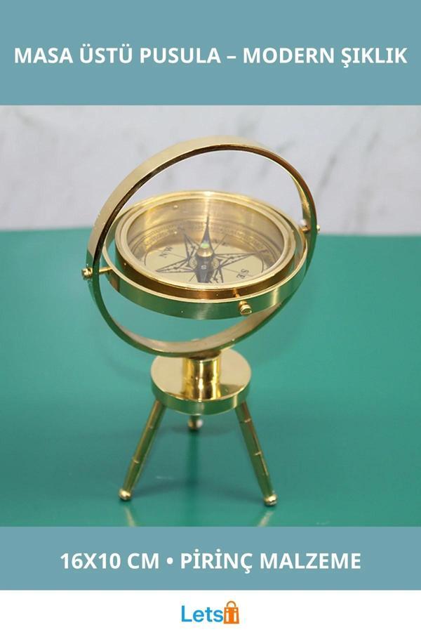 Pirinç Masa Üstü Antik Pusula 16x10 cm Dekoratif Obje - Image 1