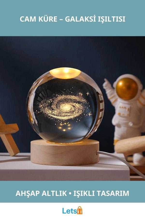 Galaksi Tasarımlı Işıklı Cam Küre Ahşap Altlık 6 cm - Image 1