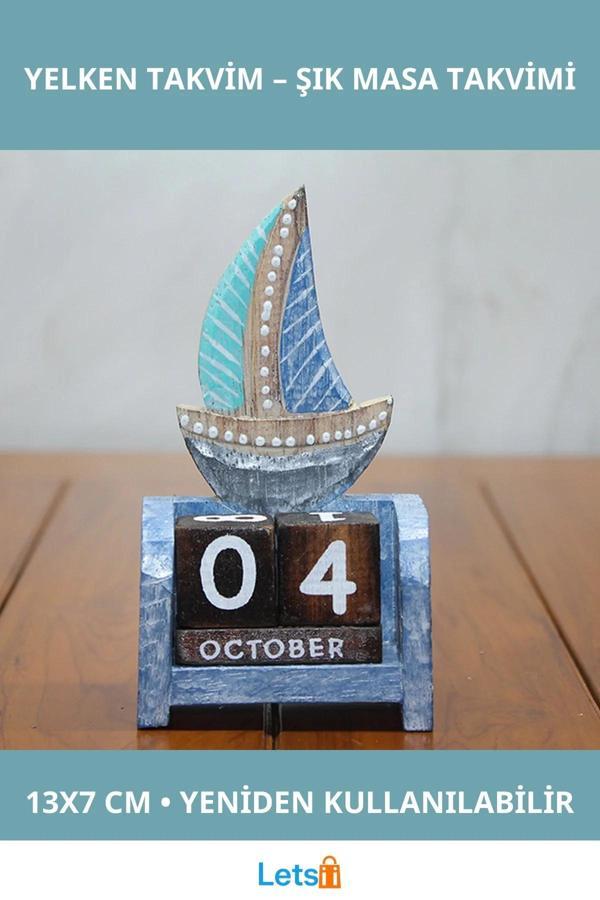 Ahşap Yelken Takvim 13x7 cm El İşçiliği Dekoratif Masa Aksesuarı - Image 1