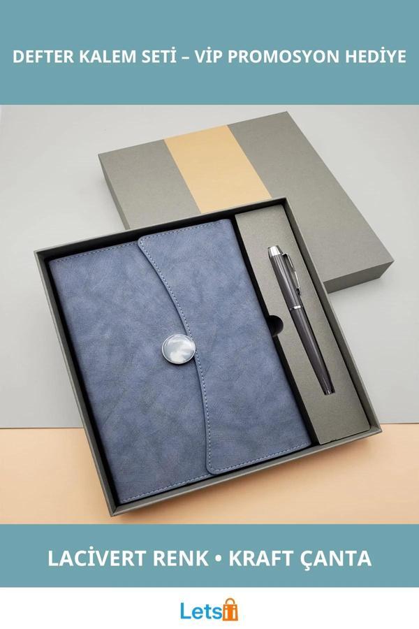 Şık Tasarımlı Kişiye Özel Mıknatıslı Defter Kalem Seti Lacivert Renk - Image 1