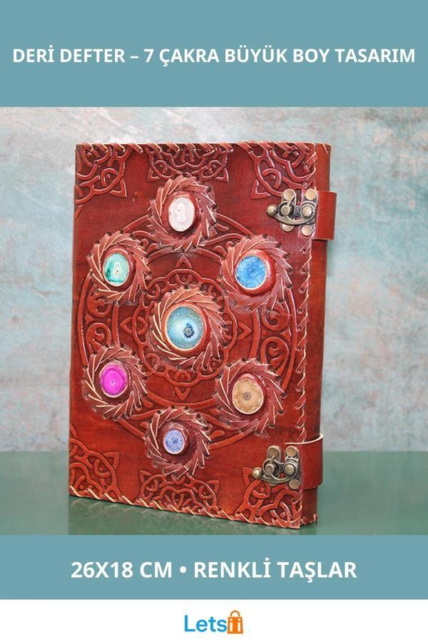 Taşlı Deri Defter Büyük Boy 7 Çakra Tasarımlı 26x18 cm - Image 1