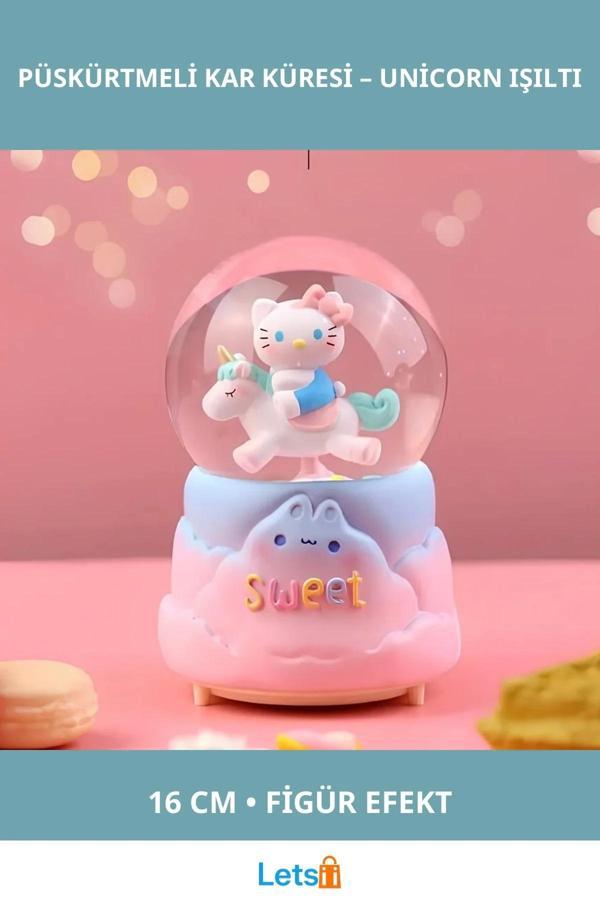 Hello Kitty İçi Dönmeli Işıklı Müzikli Kar Küresi Büyük Boy 16cm Unicorn - Image 1