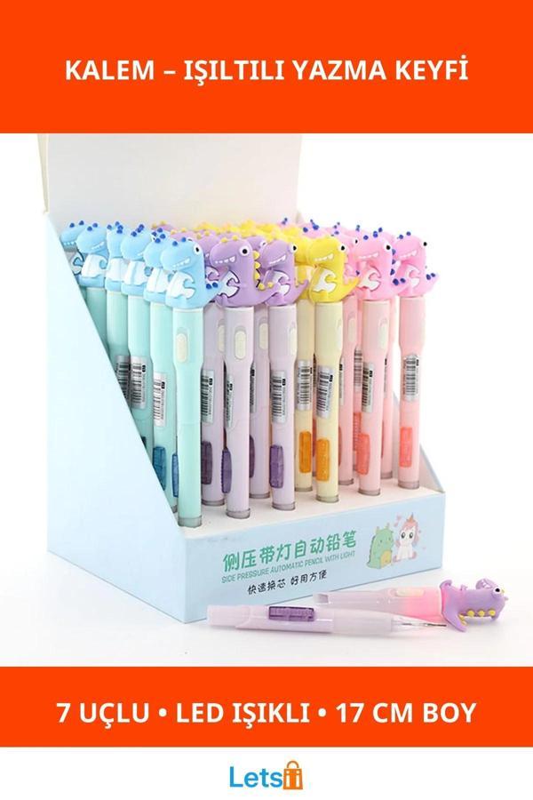 07 Uçlu LED Işıklı Dinazor Tasarımlı Eğlenceli Kalem - Image 1