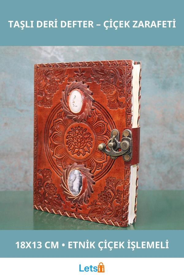 Etnik Çiçek İşlemeli Taşlı Deri Defter 18x13 cm - Image 1