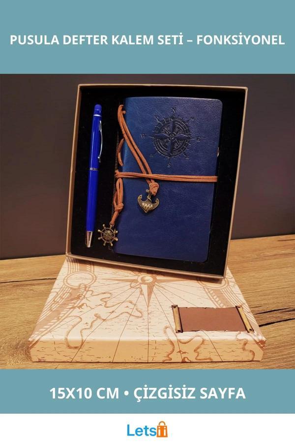 Lacivert Pusula Tasarım Deri Defter Metal Tükenmez Kalem - Image 1