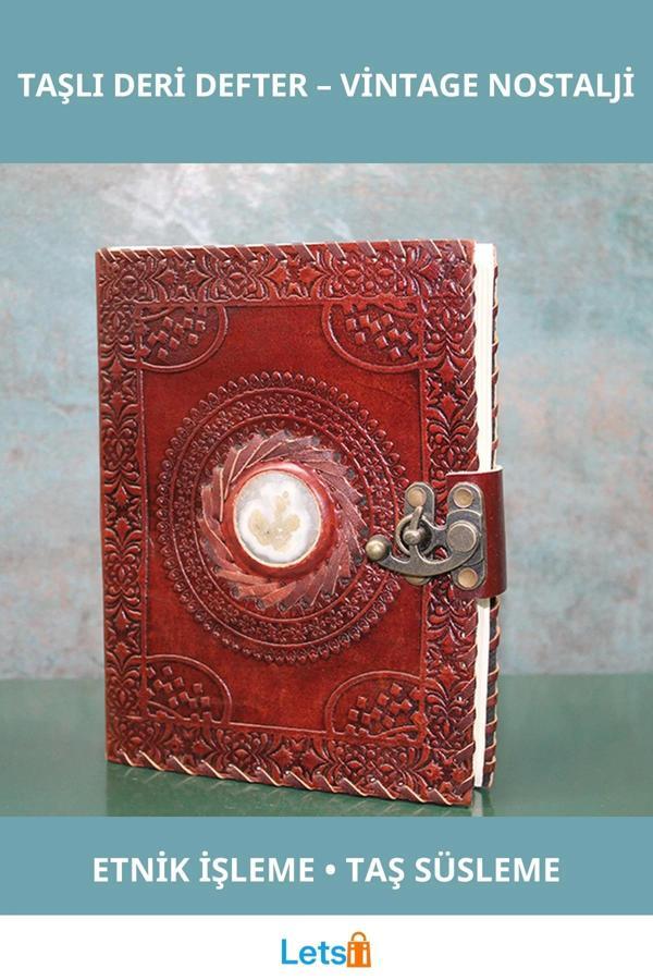 Vintage Taşlı Deri Defter 20x15 cm Etnik İşleme - Image 1