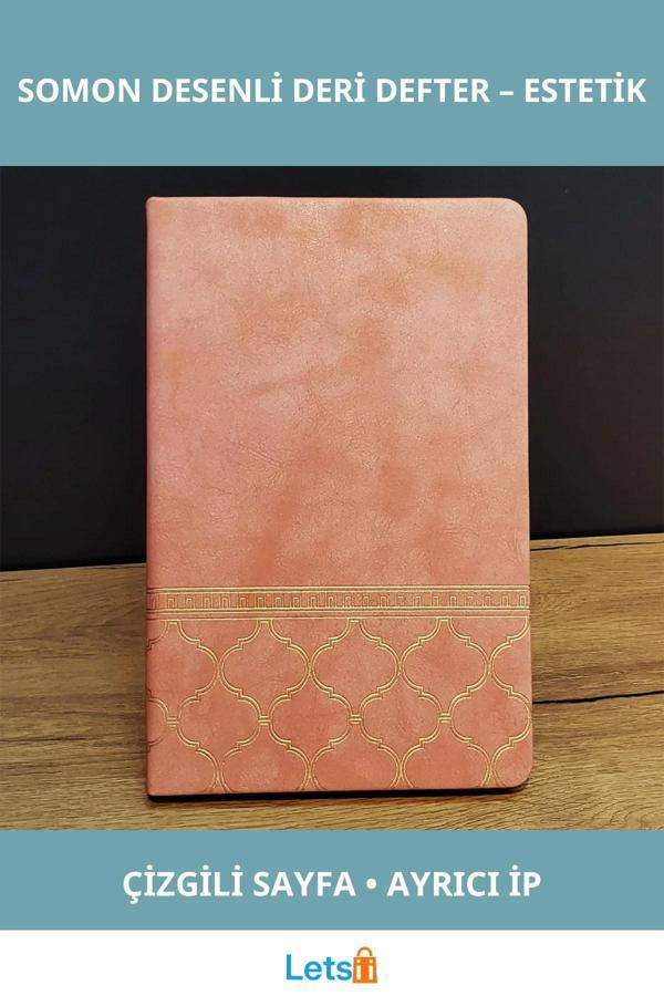 Somon Renkli Desenli Deri Defter 21x15 cm 96 Yaprak - Image 1