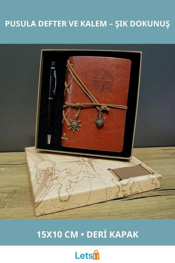 Kahverengi Pusula Tasarım Deri Defter Siyah Kalem - Image 1