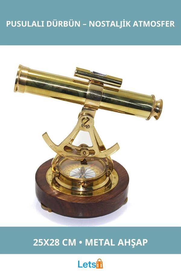 Ahşap Metal Masa Üstü Pusulalı Dürbün 25x28 cm Dekoratif Objeler - Image 1